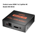 4K HDMI one-to-two splitter distributor with multiple power interface options showing front and rear connections