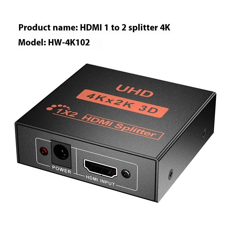 4K HDMI one-to-two splitter distributor with multiple power interface options showing front and rear connections