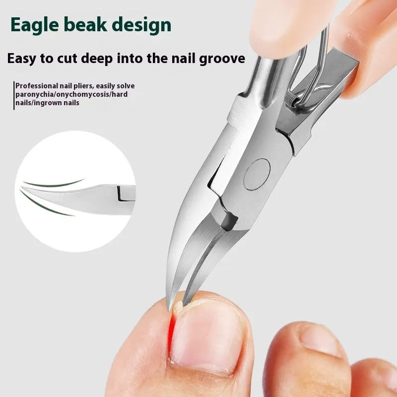 Stainless steel nail clippers with a coloured plastic handle and a dedicated bevel groove for the nail.