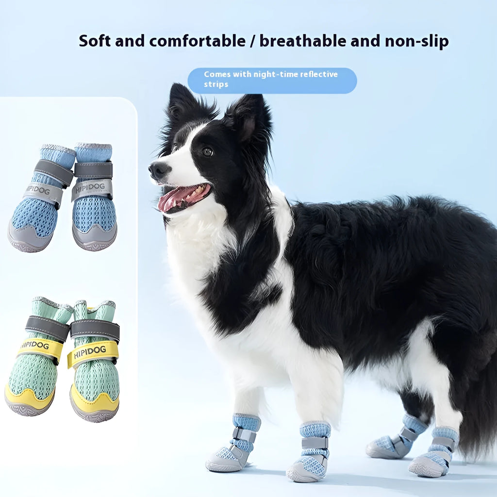 Cartoon style blue and green breathable dog shoes with adjustable strap on a pet's paw.