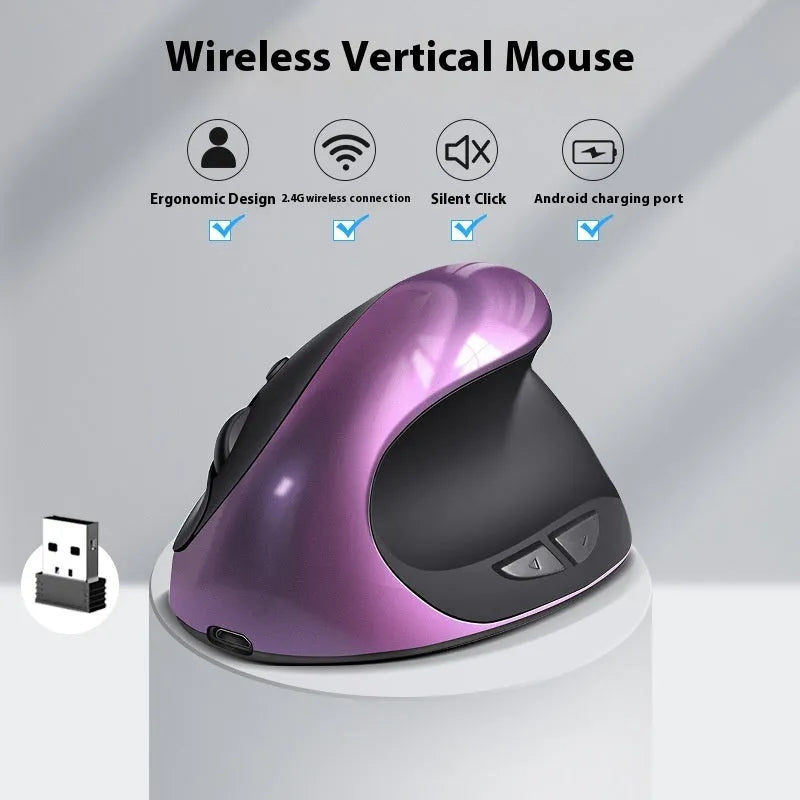 Vertical ergonomic computer mouse in various colours, shown next to a laptop.