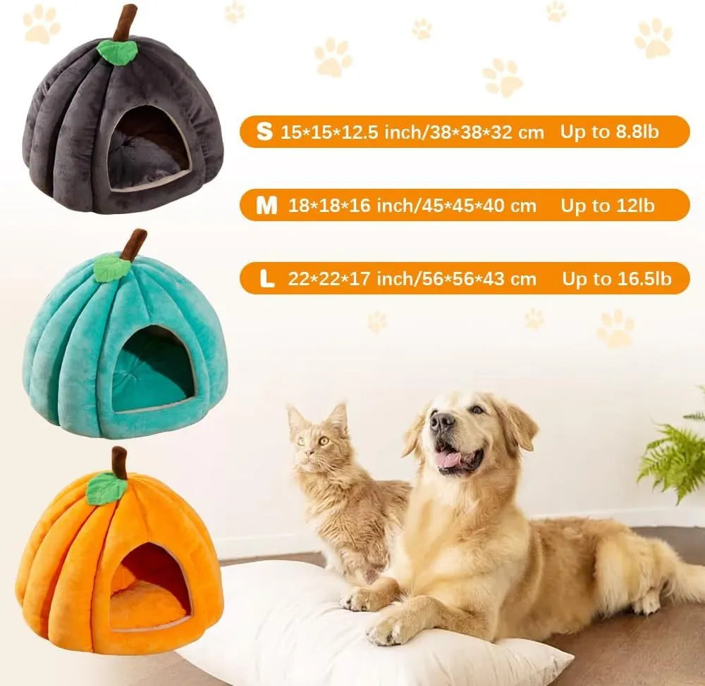 Pumpkin-shaped plush cat bed cave in blue, grey, or yellow with a removable interior mat.