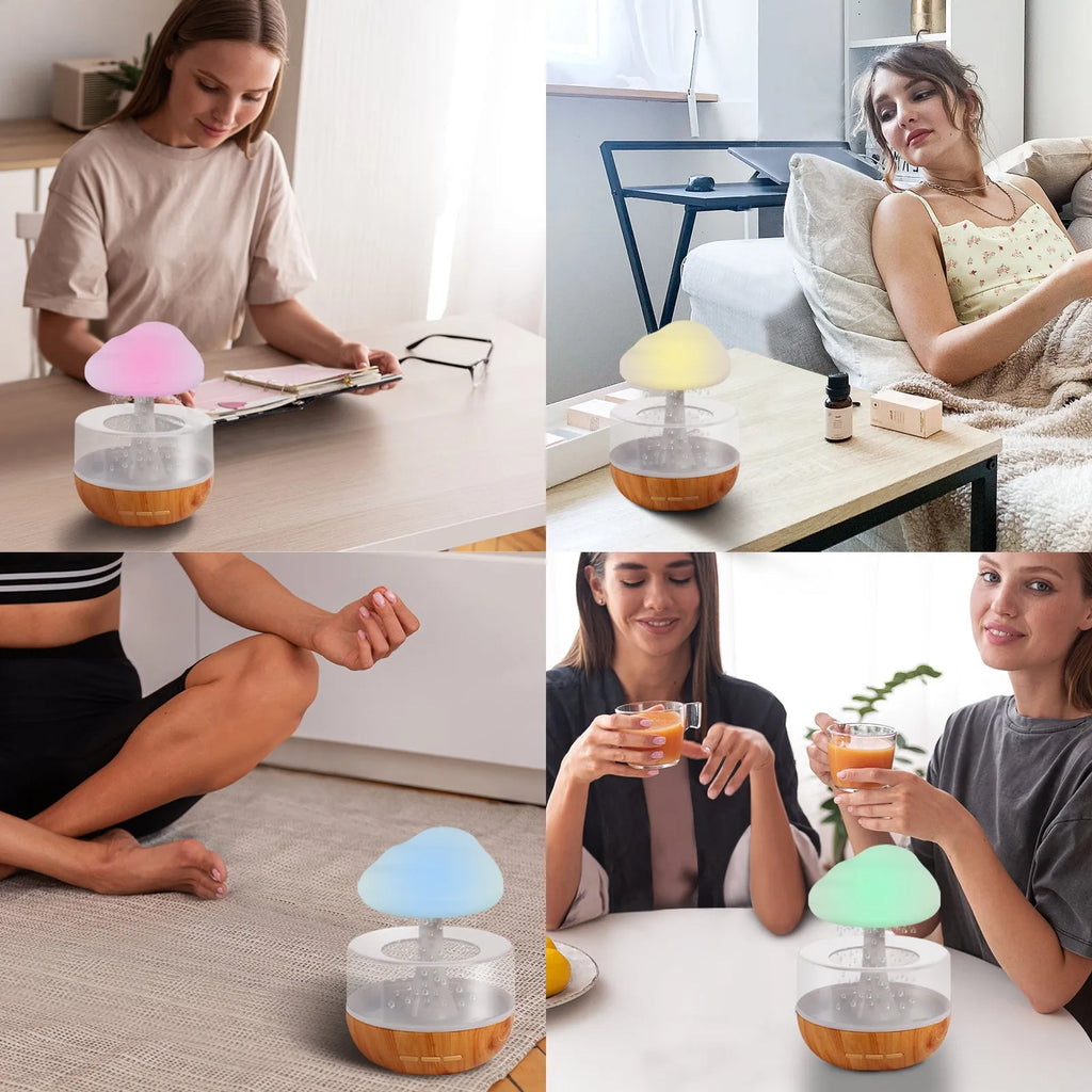 White cloud-shaped humidifier with colour-changing night light and USB cable.