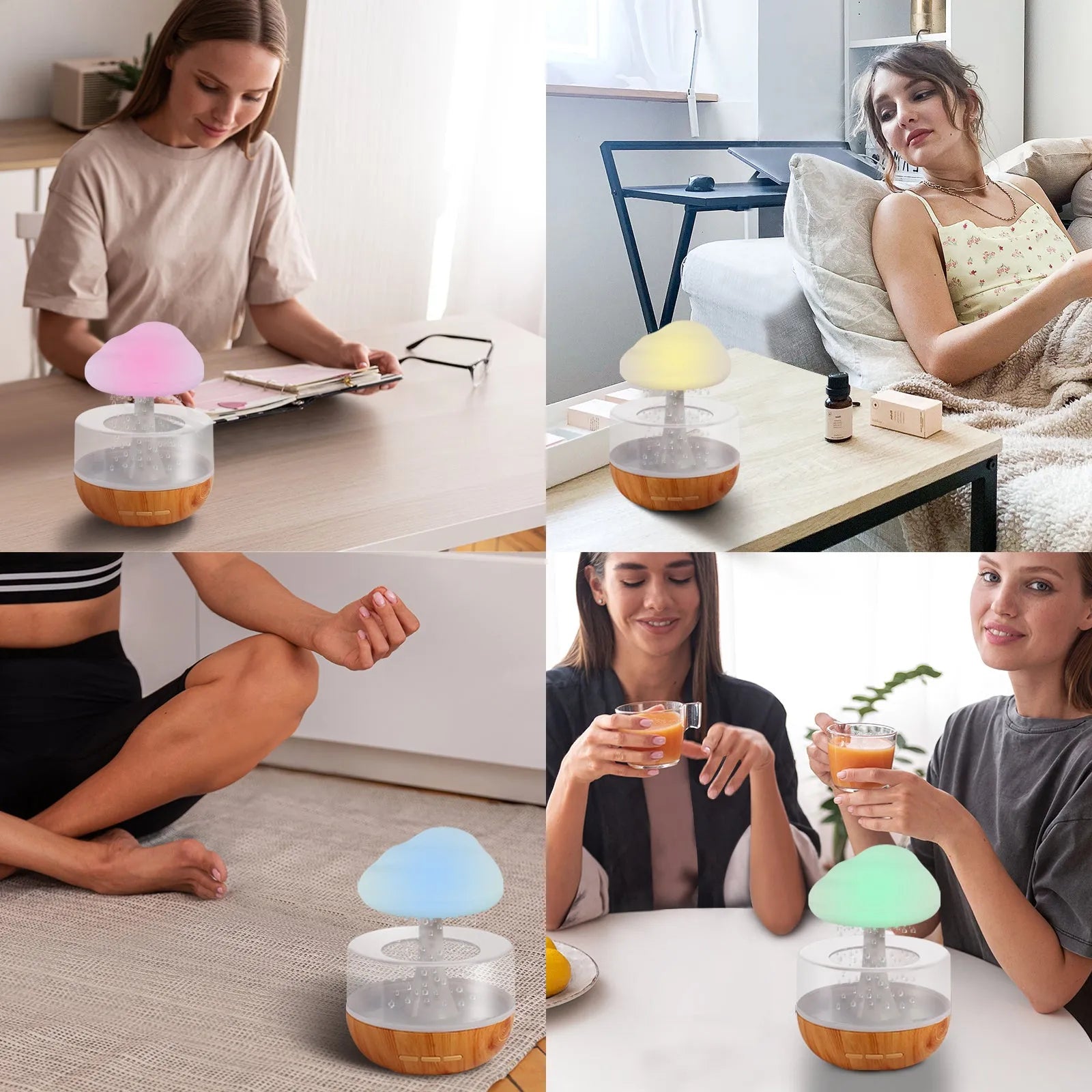 White cloud-shaped humidifier with colour-changing night light and USB cable.