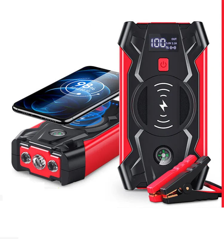 Red portable car jump starter power bank with heavy-duty jumper cables and a storage case.