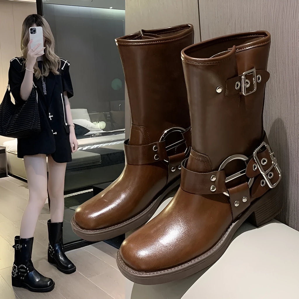British style women's platform boots with belt buckle detail in middle-calf length