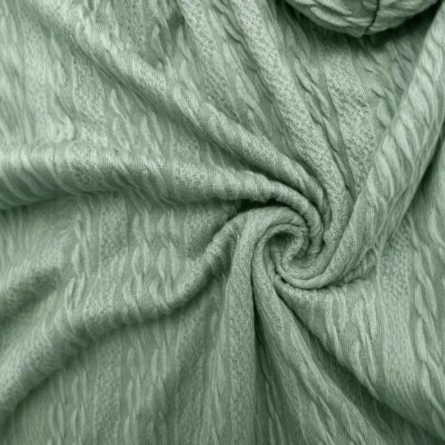 Green womens hooded zip-front sweater coat on a hanger