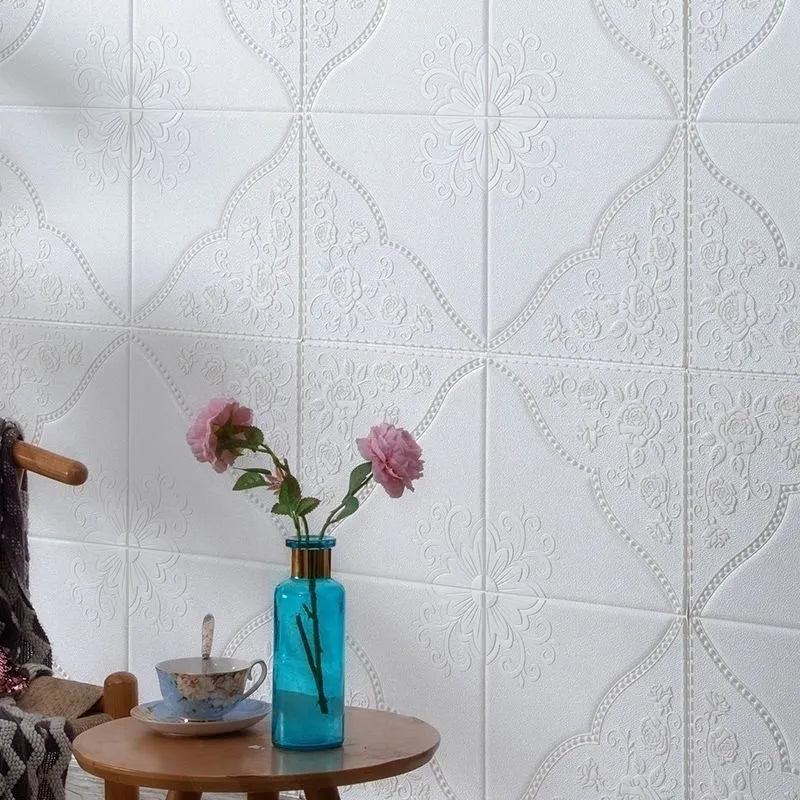 Light blue self-adhesive foam wall sticker with a three-dimensional plants and flowers pattern, shown at 70cm by 70cm.