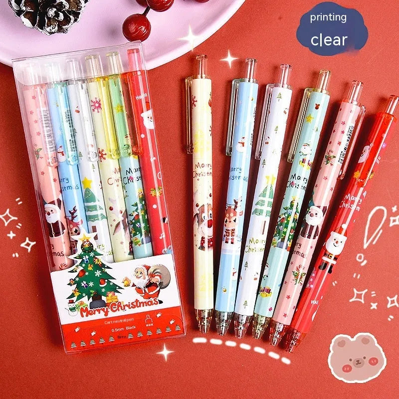 Cartoon design Christmas reward gift signature pen set with 6 pieces and black refills
