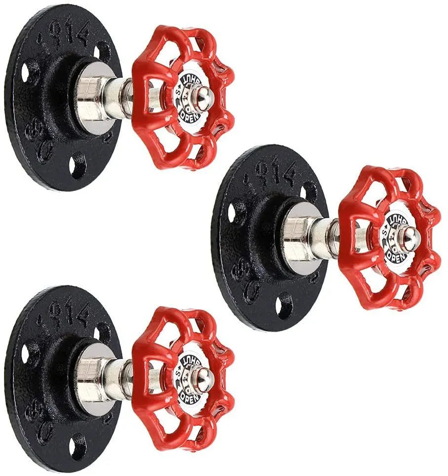 Water pipe style metal wall hook for towels on a white wall, shown in black, green, and red colour options.