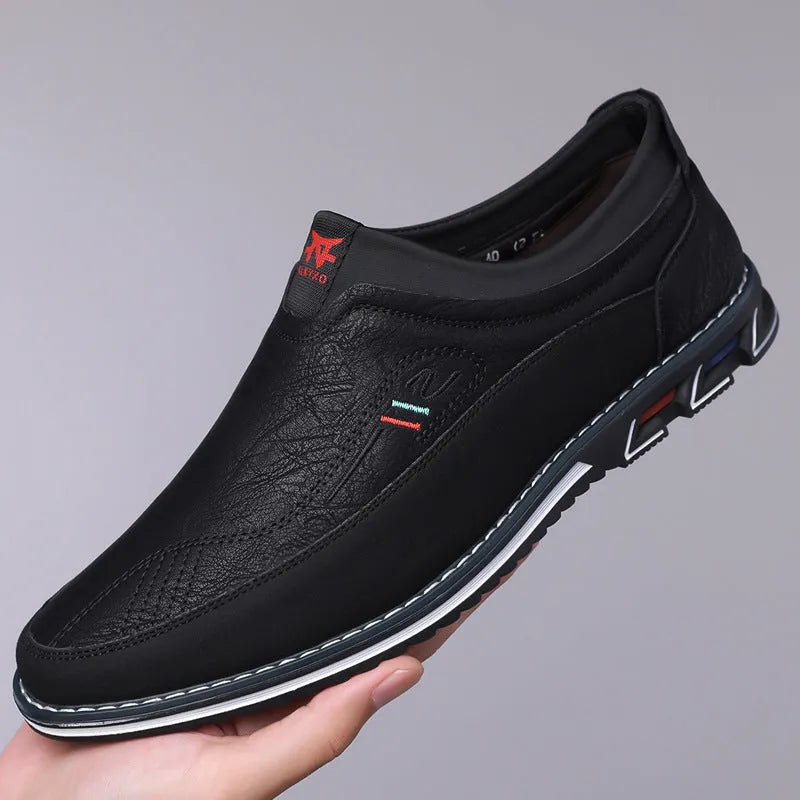 Men's leather casual slip-on shoes with leather toe cap and rubber soles in multiple colours