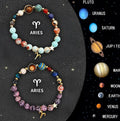 Two natural stone beaded bracelets with zodiac charm pendants on a white background.