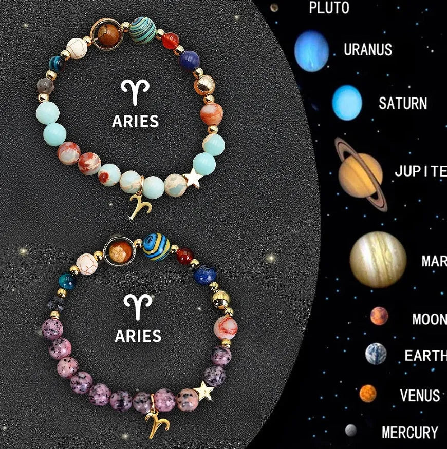Two natural stone beaded bracelets with zodiac charm pendants on a white background.