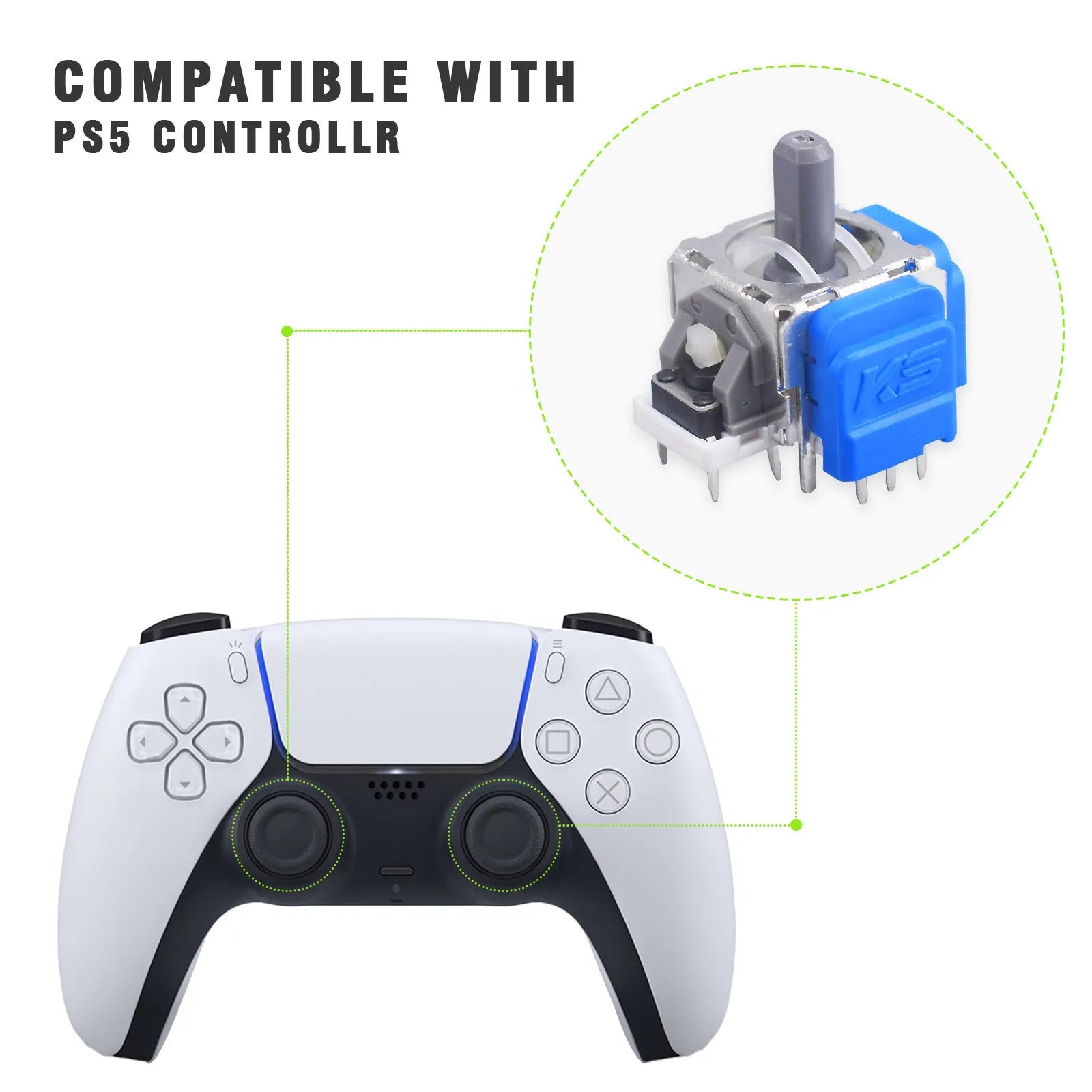 Hall-effect magnetic joystick replacement component for PS5, PS4, Xbox and Nintendo Switch controllers.