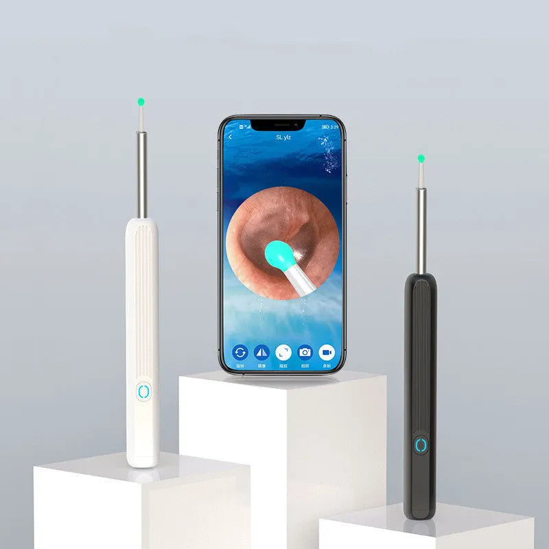 Black NE3 wireless otoscope ear cleaner with camera, Type-C cable, and four spoon heads on a white background.