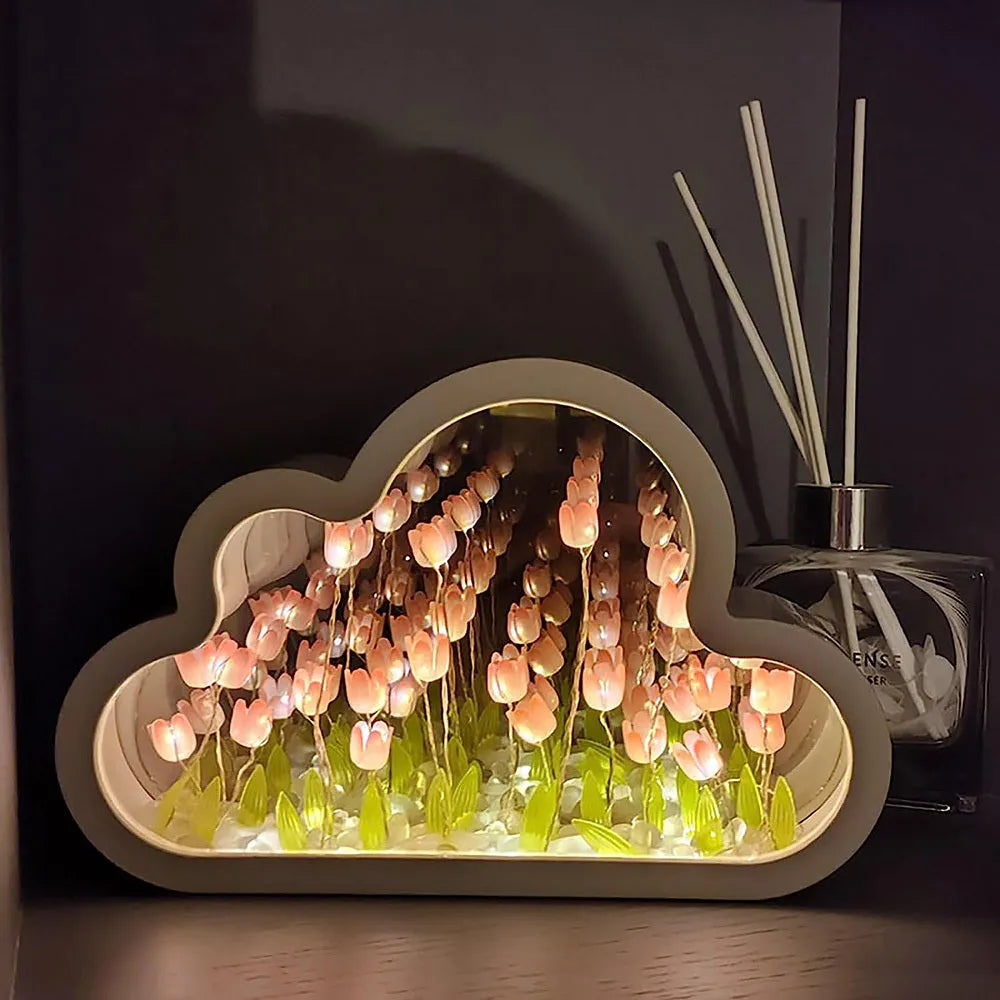 Tulip-shaped LED night lamp with decorative mirror photo frame in multiple colour options