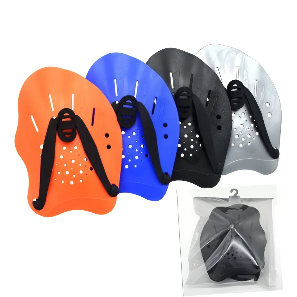 A pair of adult swimming training paddles for freestyle stroke, shown in various colours.
