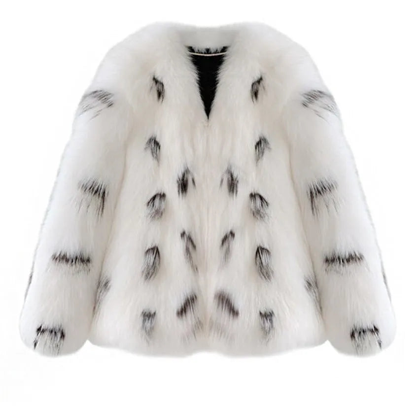 Black and white short faux fur coat with regular sleeves on a model, showing Korean slim-fit style.