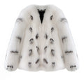 Black and white short faux fur coat with regular sleeves on a model, showing Korean slim-fit style.