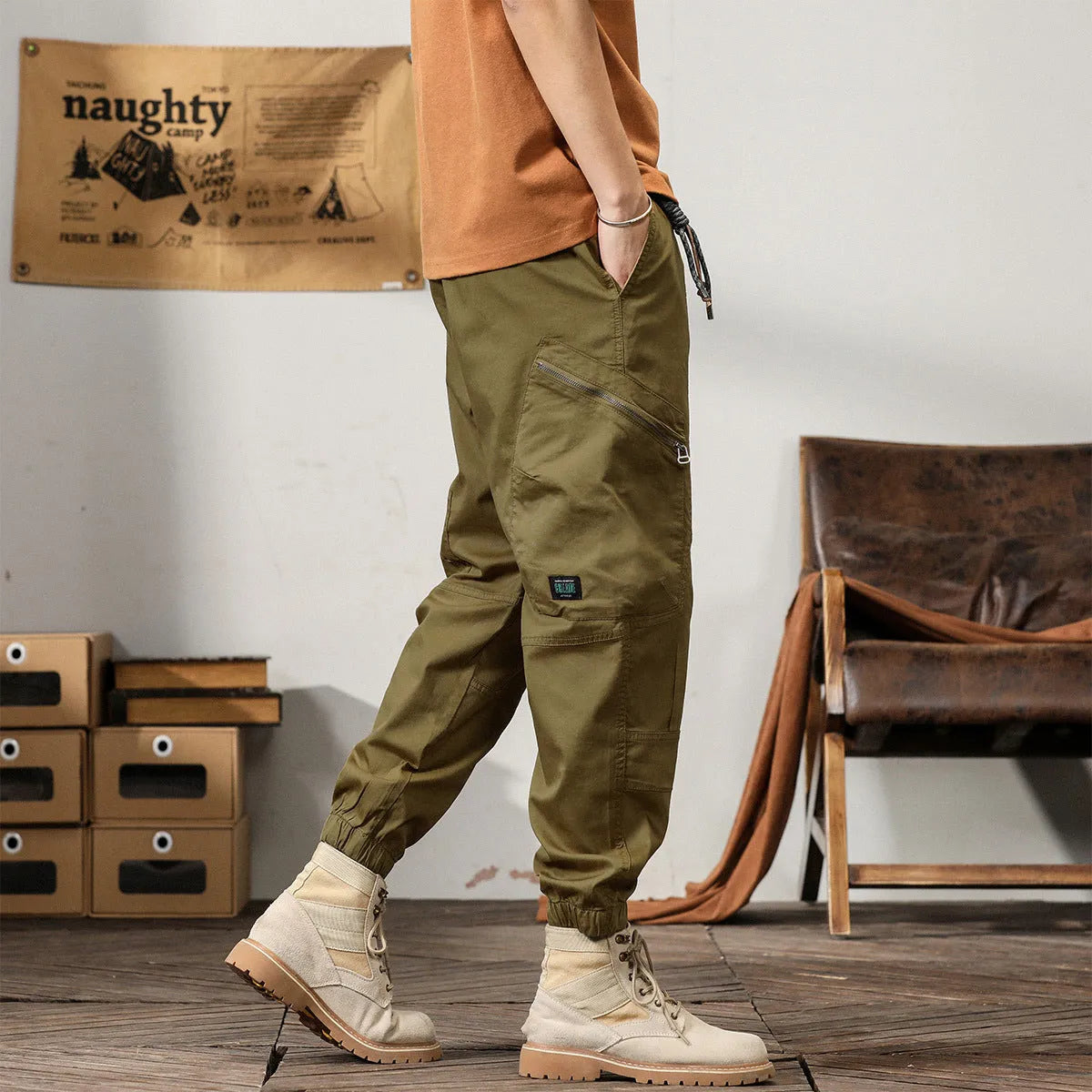 Men's tapered harem trousers in cotton with banded ankle and elastic waist in solid colour options.