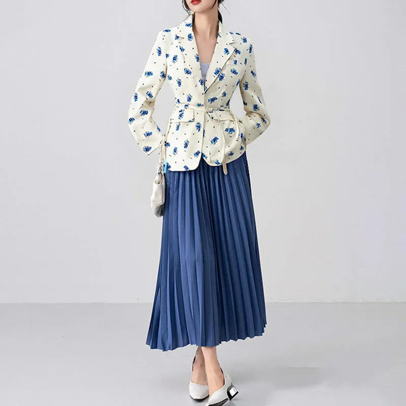 Women's collar lace-up waist-tight suit jacket in polyester floral print colours