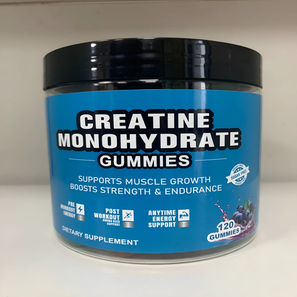 Bottle of raspberry-flavoured creatine monohydrate gummies containing 120 soft candy tablets