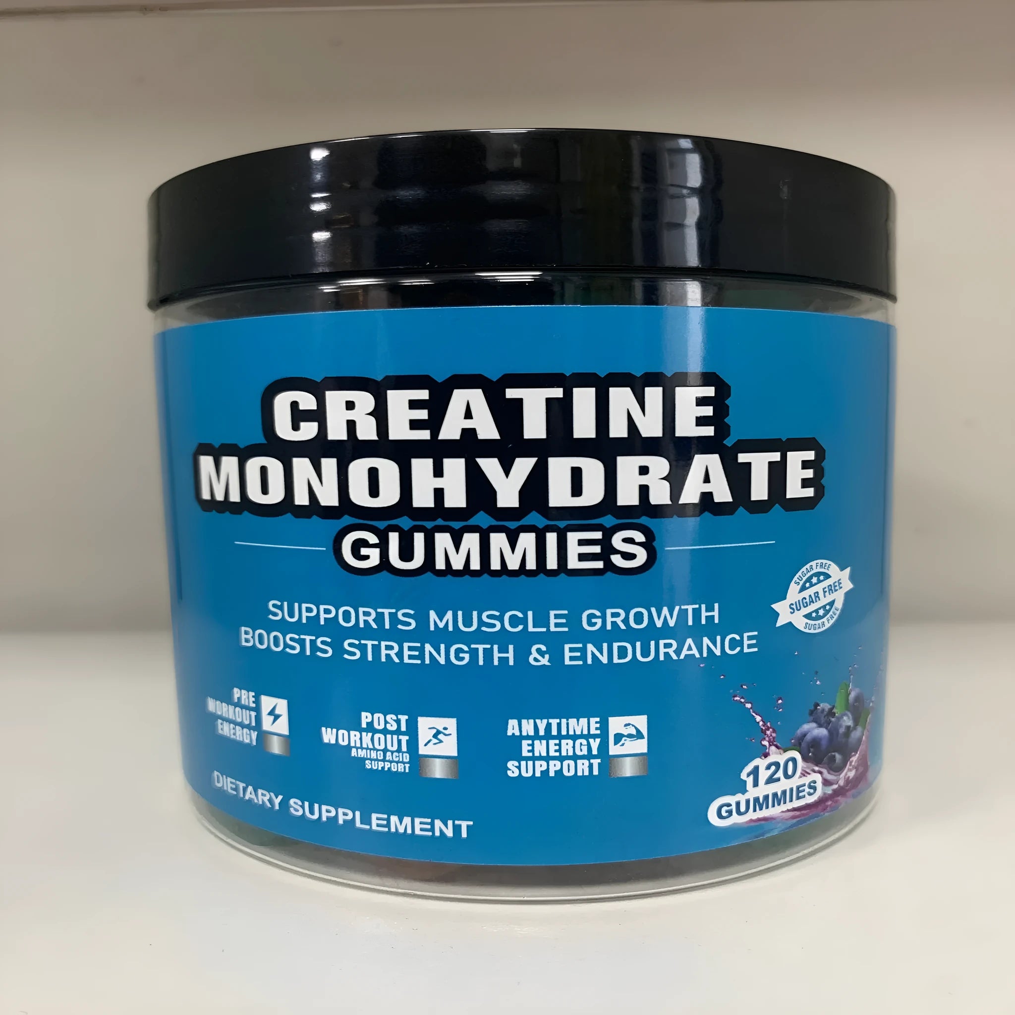 Bottle of raspberry-flavoured creatine monohydrate gummies containing 120 soft candy tablets