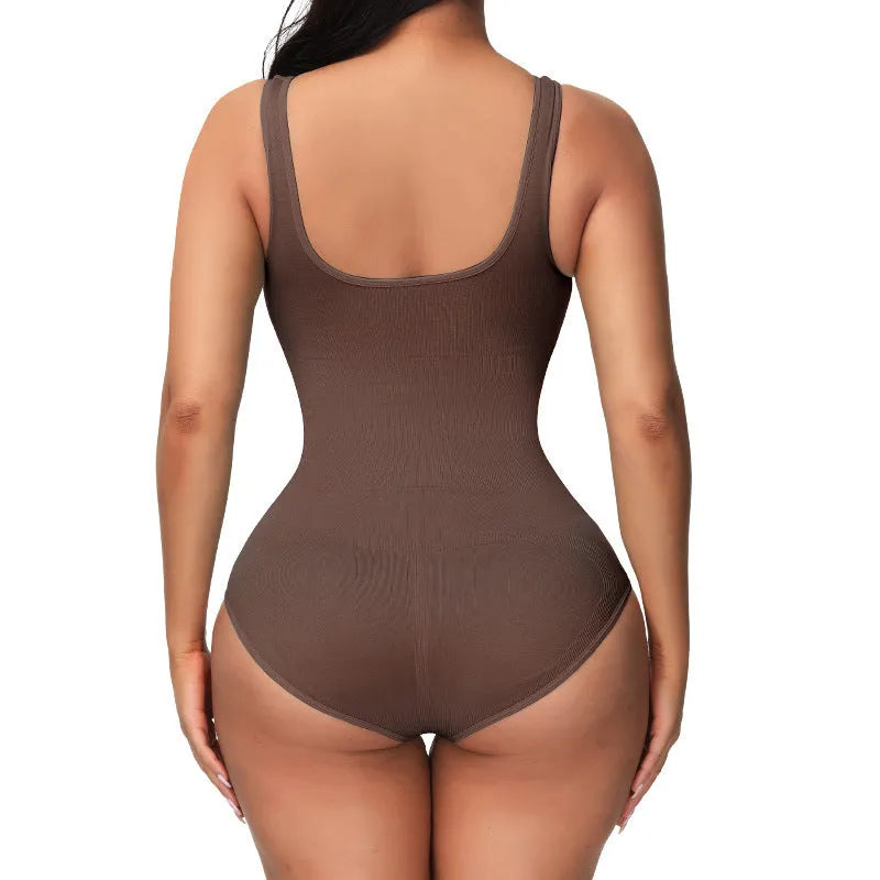 Seamless women's corset bodysuit in nylon fabric with waist support features