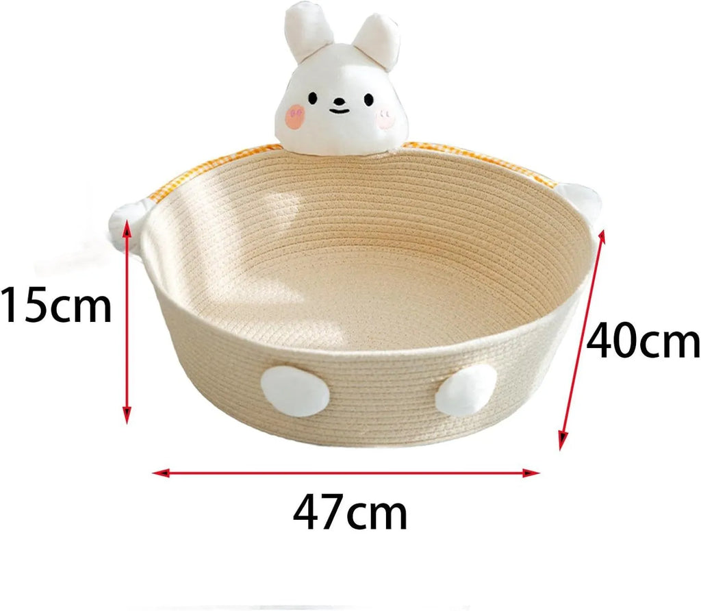 Woven cotton rope cat bed with integrated scratching surface in rabbit motif