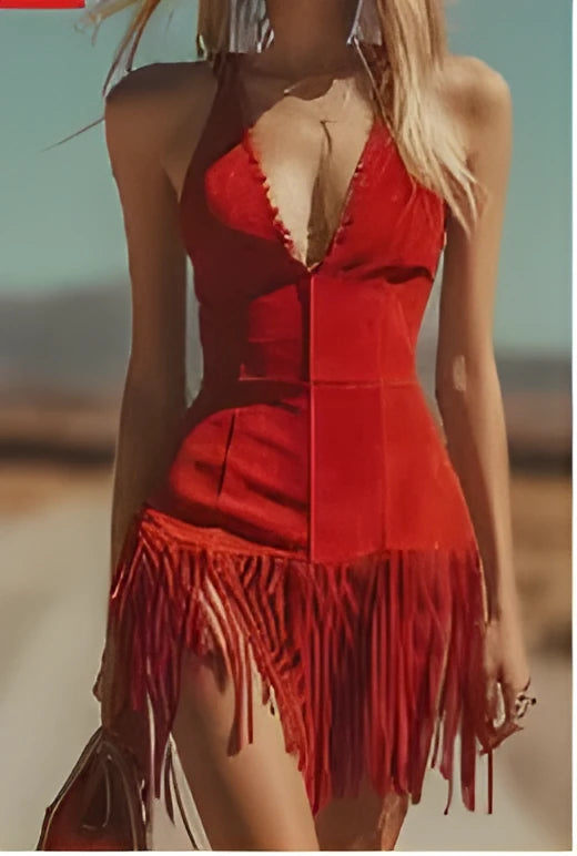 Women's western style vest dress in red with V-neck and fringe detail on mini dress