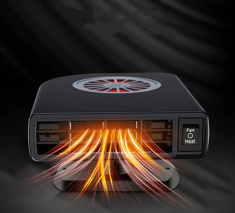 Black 12V vehicle-mounted heater with adjustable mount on a car dashboard.