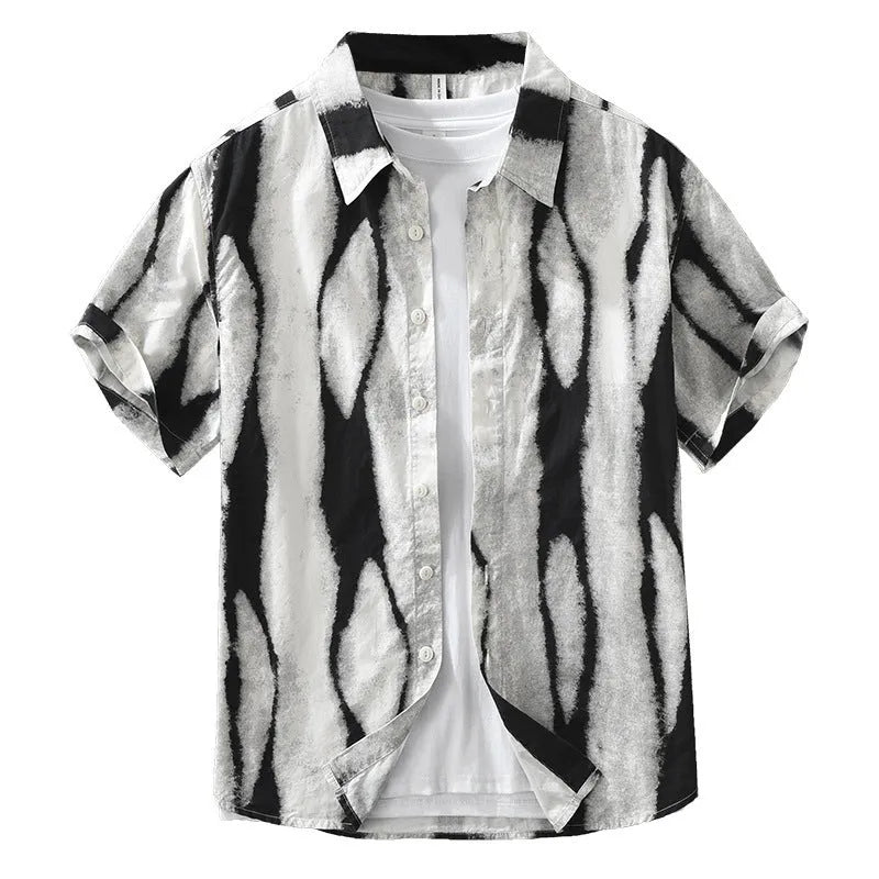 Retro striped short sleeve cotton shirt in loose cardigan fit on hanger