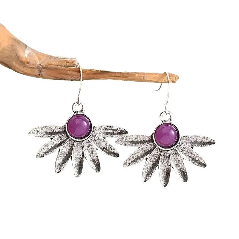 Purple resin bohemian flower earrings with animal zodiac design and alloy settings