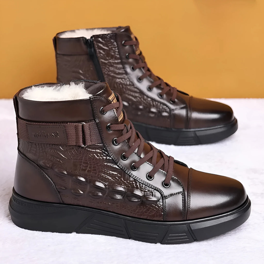 Men's black snow boots with fur trim, genuine leather upper, and rubber soles with lace-up closure
