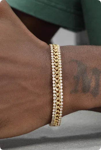 14K gold-plated titanium steel tennis bracelet with artificial gemstone inlay in European American hip hop style