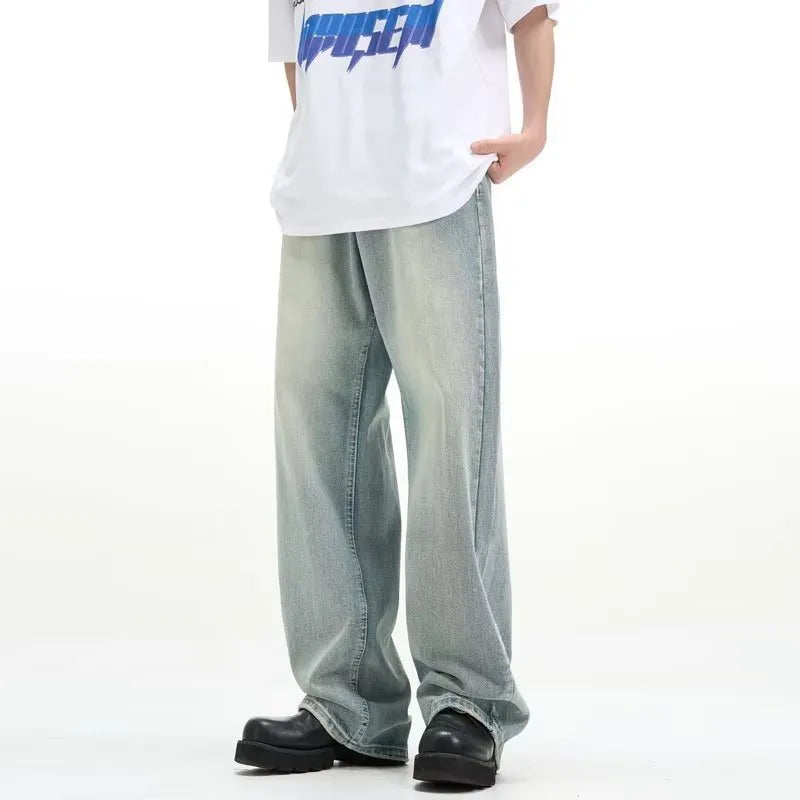 Blue retro loose-fit casual trousers made from rabbit fur fabric.