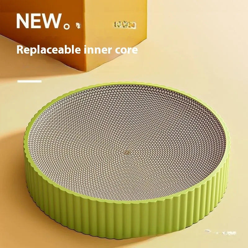 Round green and white cat scratching board bed with corrugated paper surface, 55 cm diameter