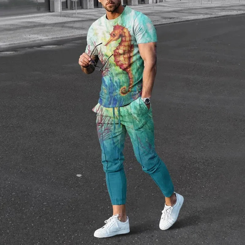 Man wearing a short sleeve round neck pullover and matching trousers from the polyester sports set.