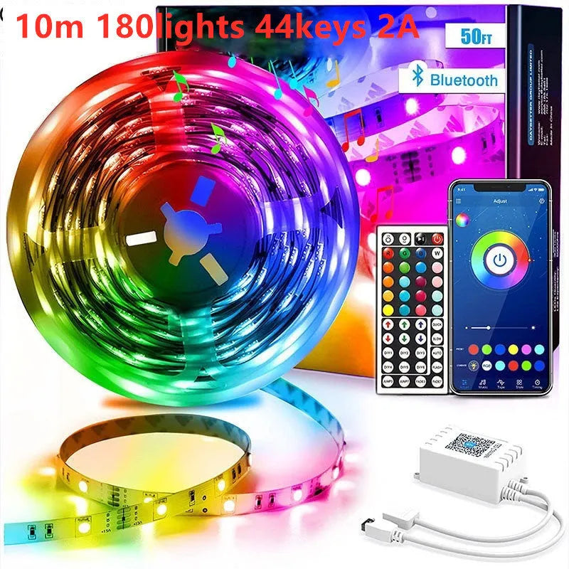 Coiled 5050 RGB LED light strip with Bluetooth remote and power adapter on a white background.