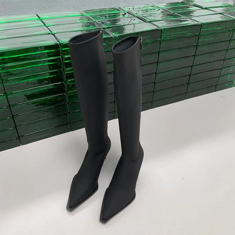 Black pointed toe women's boots with stiletto heel and back zipper, shown from the side.