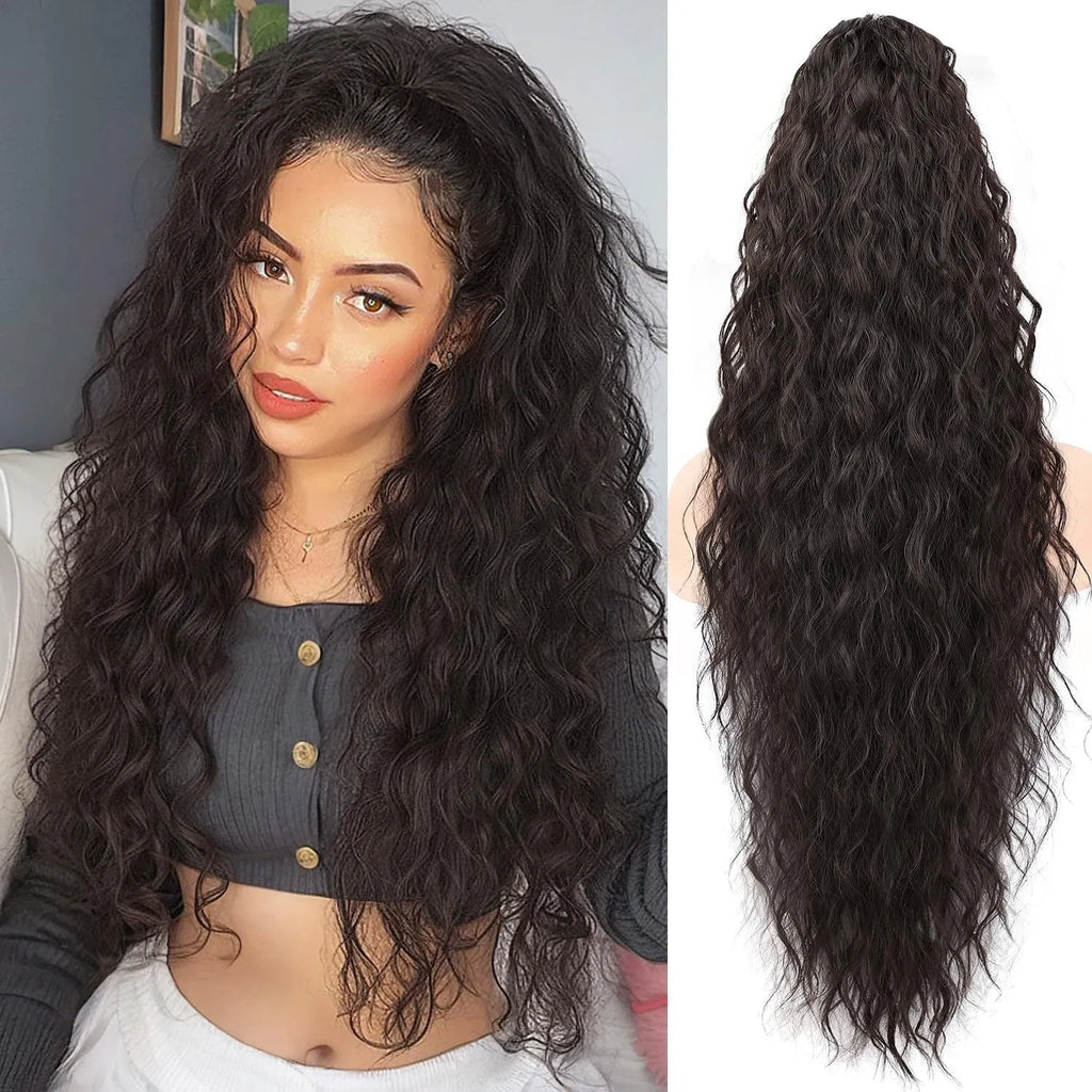 Long curly synthetic ponytail wig in high temperature fibre, 30 inches in length.