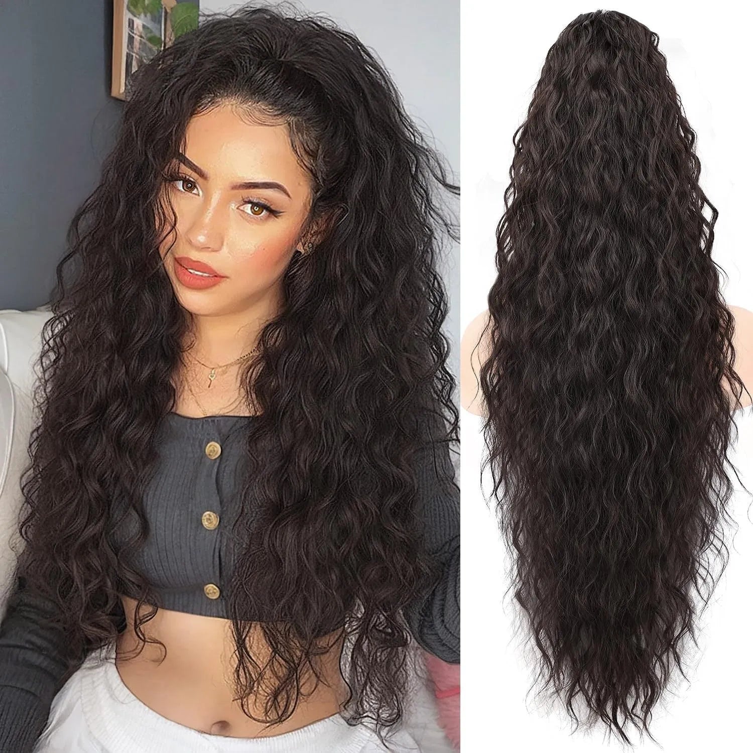 Long curly synthetic ponytail wig in high temperature fibre, 30 inches in length.