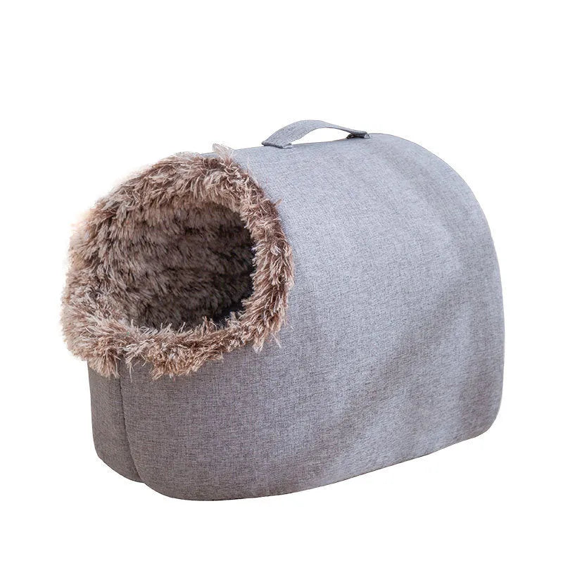 Grey fleece-lined enclosed cat sleeping bag measuring 50cm long with brown colour option available