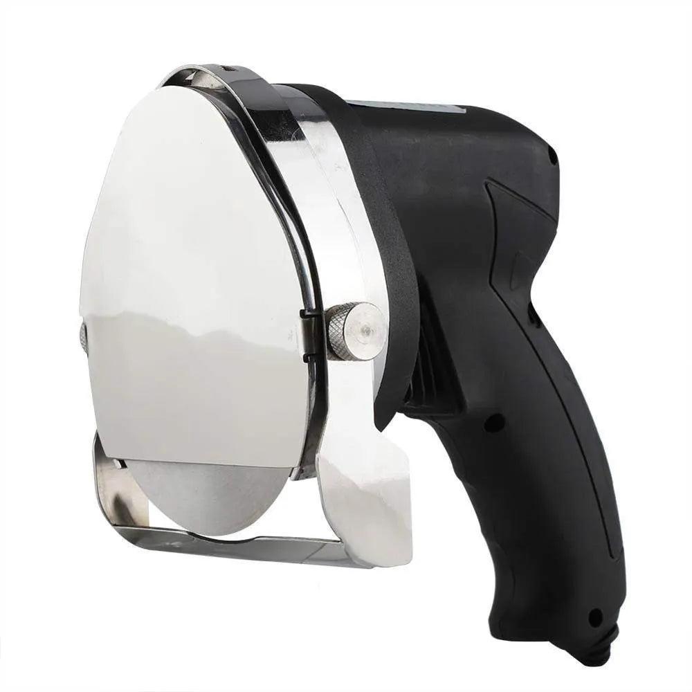 Black manual meat cleaver with adjustable blade for an electric turkey barbecue machine.