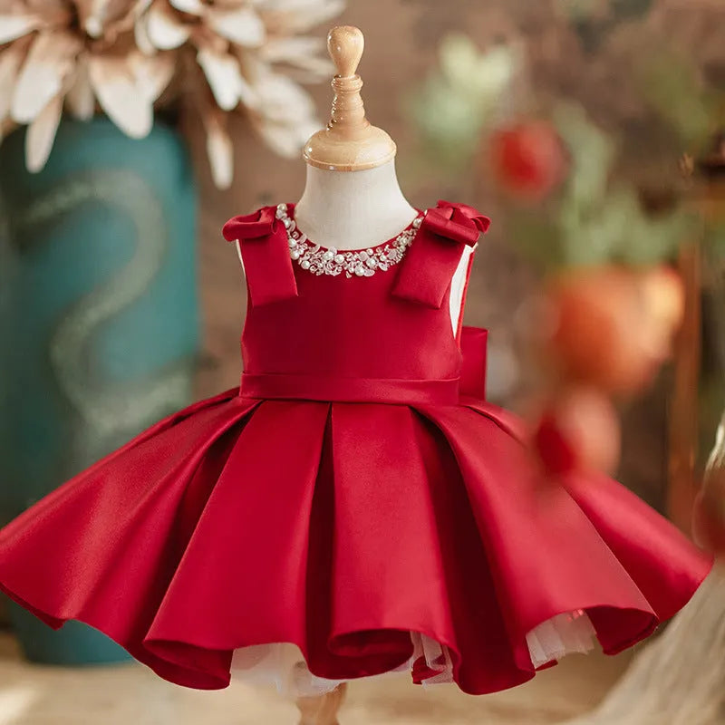 Red satin princess-style dress for girls, suitable for piano performances, polyester fiber, sizes 80-130cm
