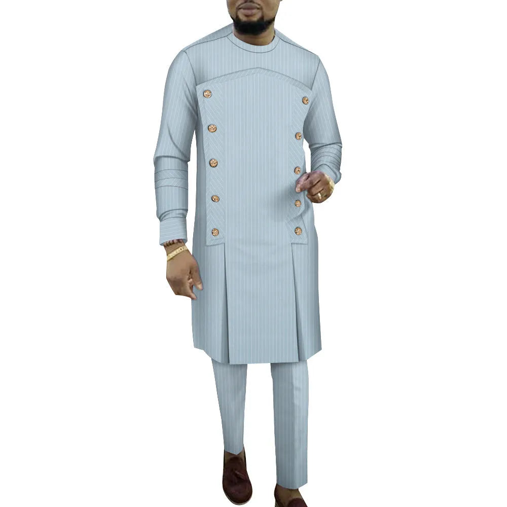 African men's striped cotton two-piece robe set showing long-sleeved top and trousers.