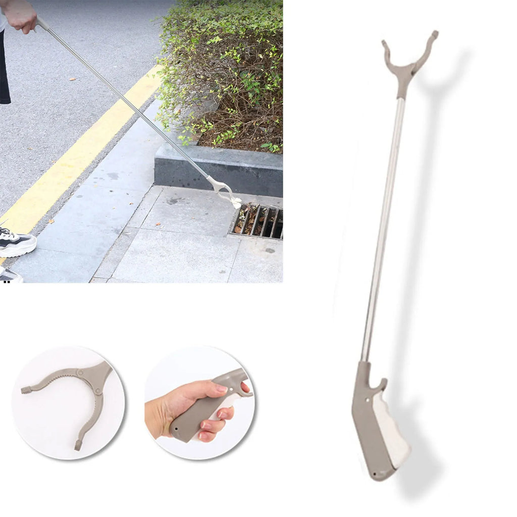 40cm long stainless steel and plastic garbage picker tool with push-type handle.