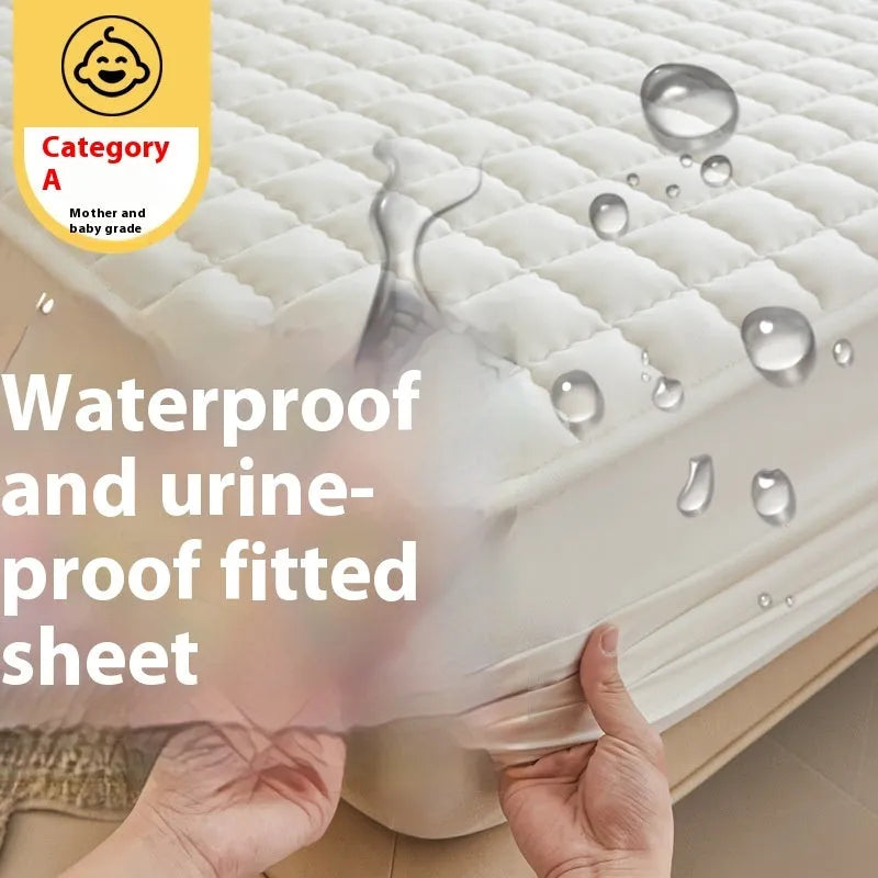 Blue waterproof fitted sheet with elastic corner stretched over a mattress.
