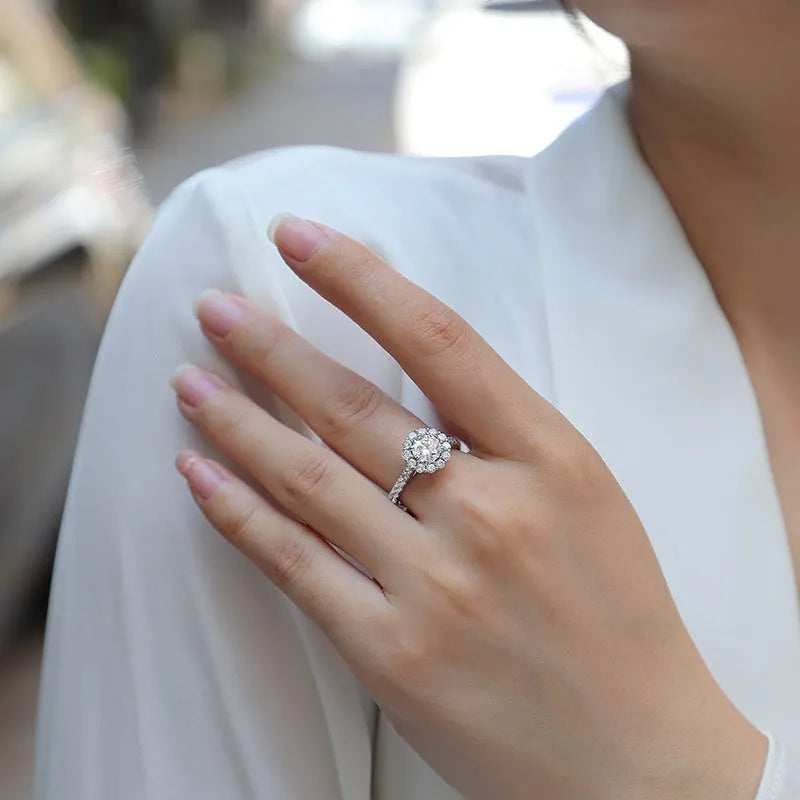 Silver moissanite ring with round 1-carat stone geometric fashion OL style for women US sizes 5-9