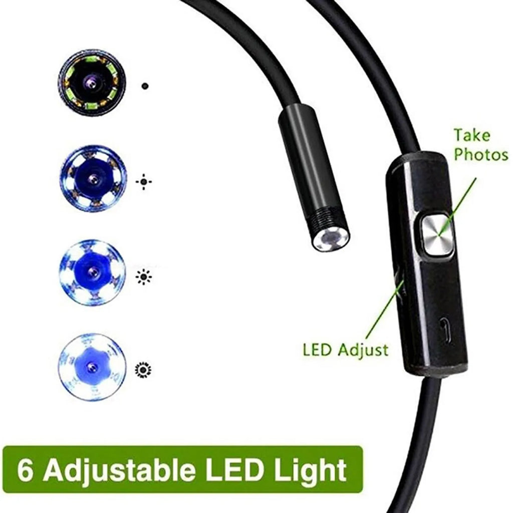 Android phone connected to a flexible USB endoscope with magnetic hook attachment on a dark background.